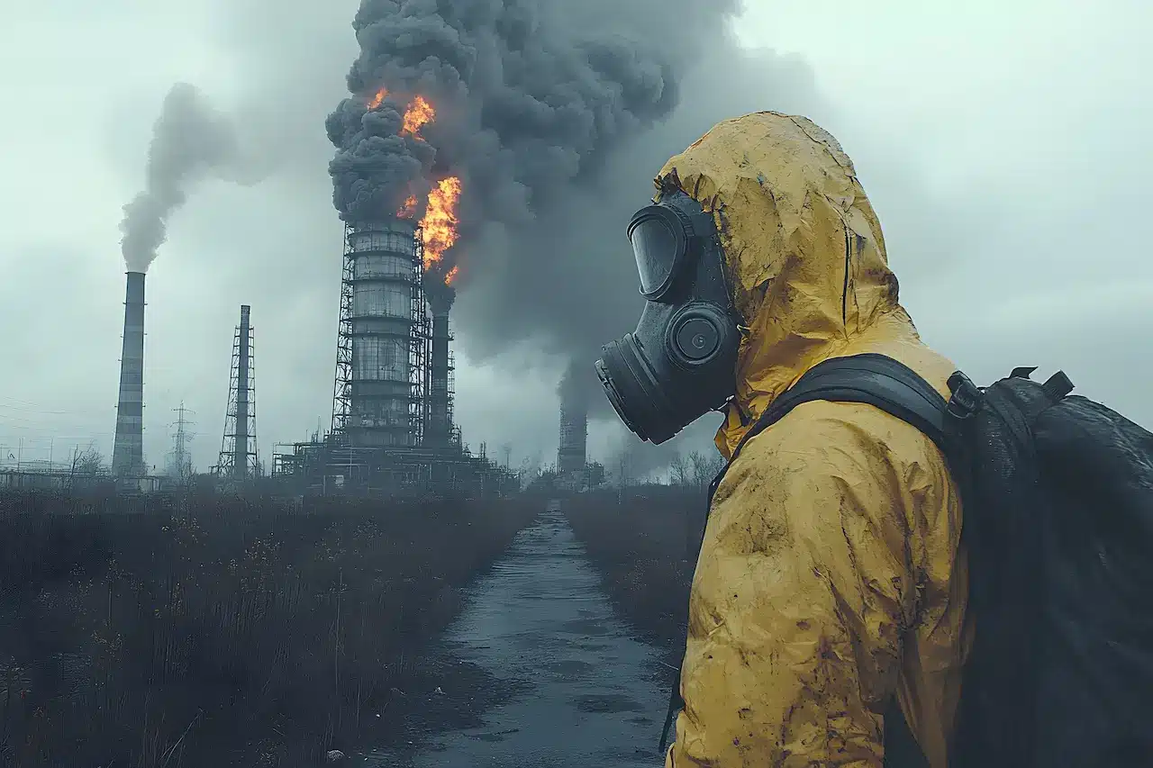 A Person Wearing a Gas Mask and Yellow Protective Suit